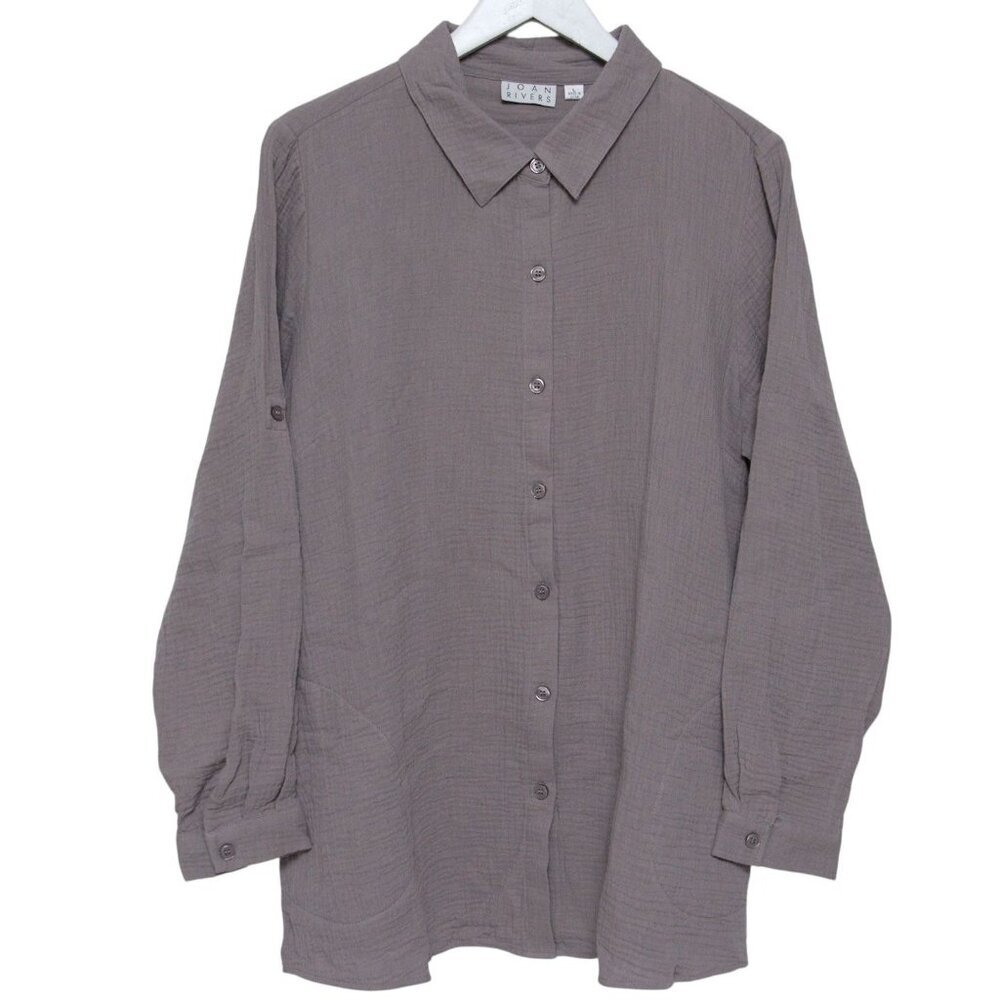 JOAN RIVERS Gauze Tunic Blouse Size Large Purple Mauve Cotton Button Up